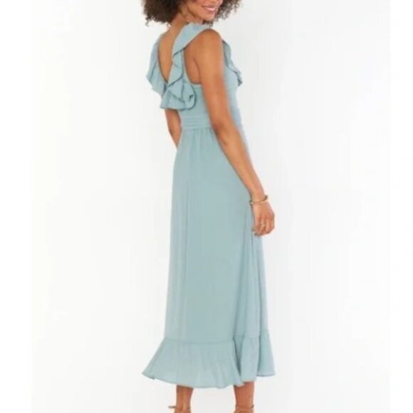 SHOW ME YOUR MUMU Large Silver Sage Chiffon Alexis Midi Dress Bridesmaid No Sash - Picture 1 of 12